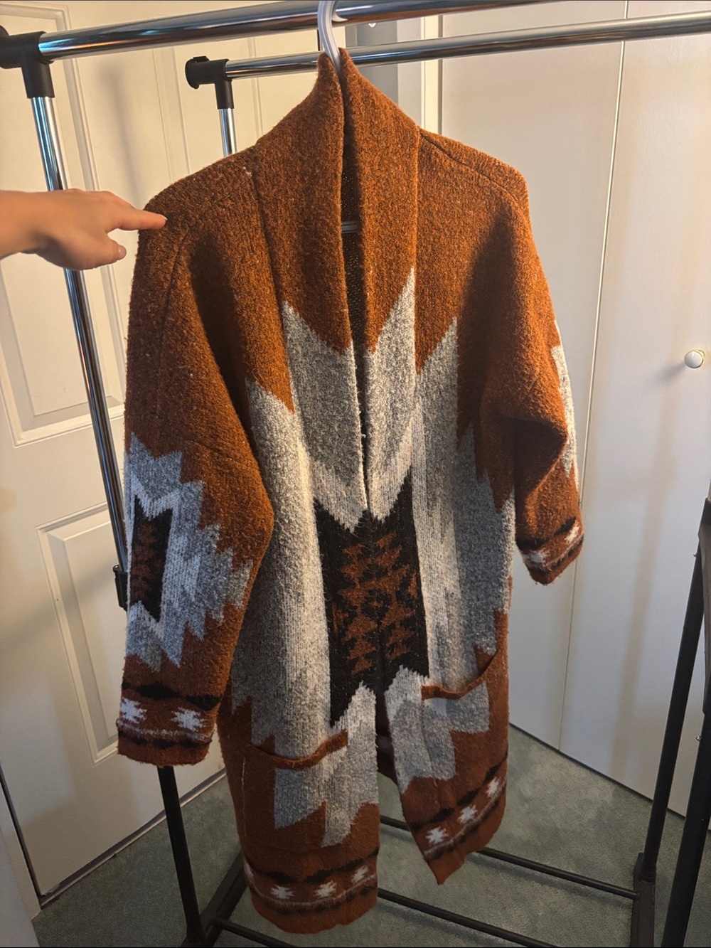 Rust Aztec Open Knit Cardigan with Geometric Back